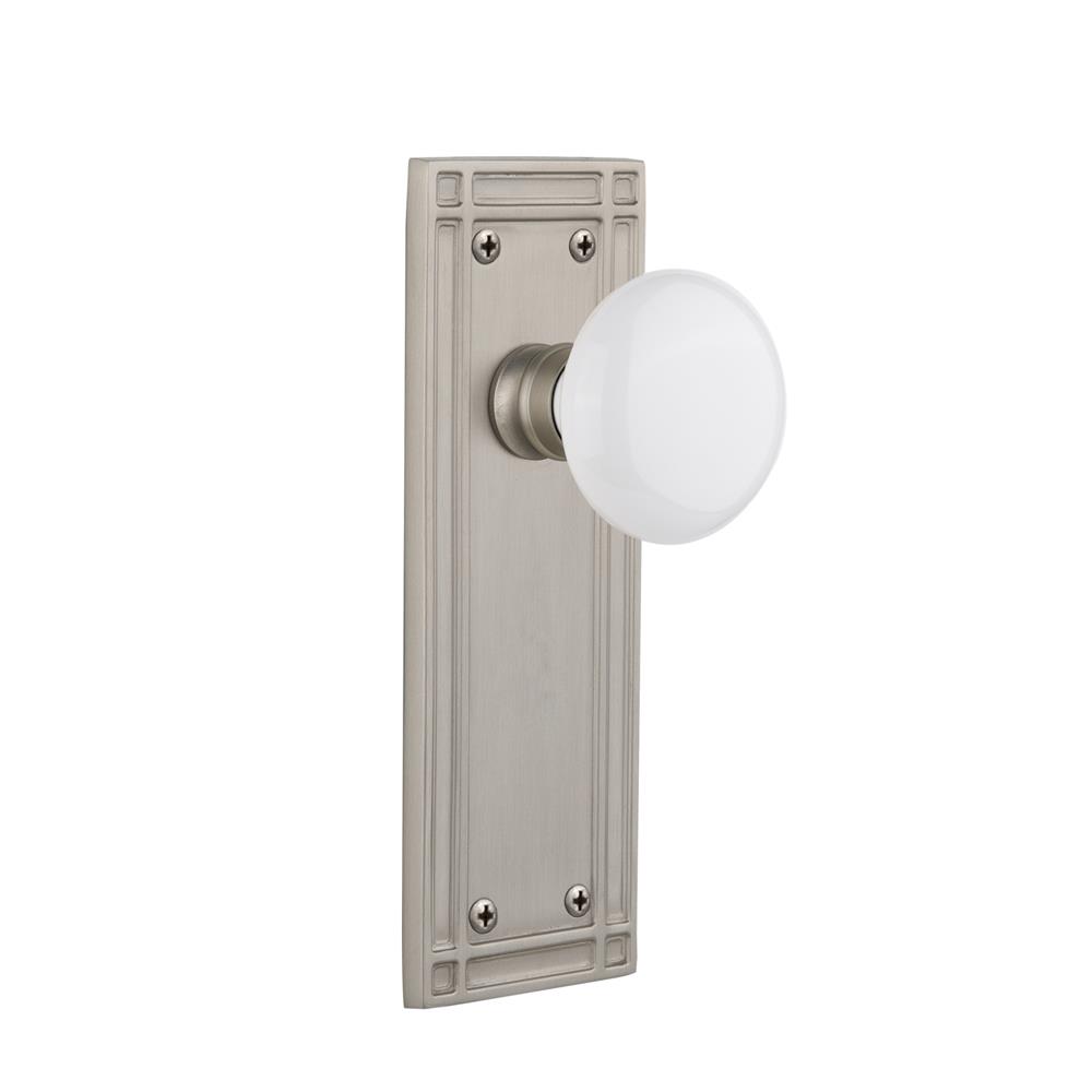 Nostalgic Warehouse MISWHI Privacy Knob Mission Plate with White Porcelain Knob in Satin Nickel
